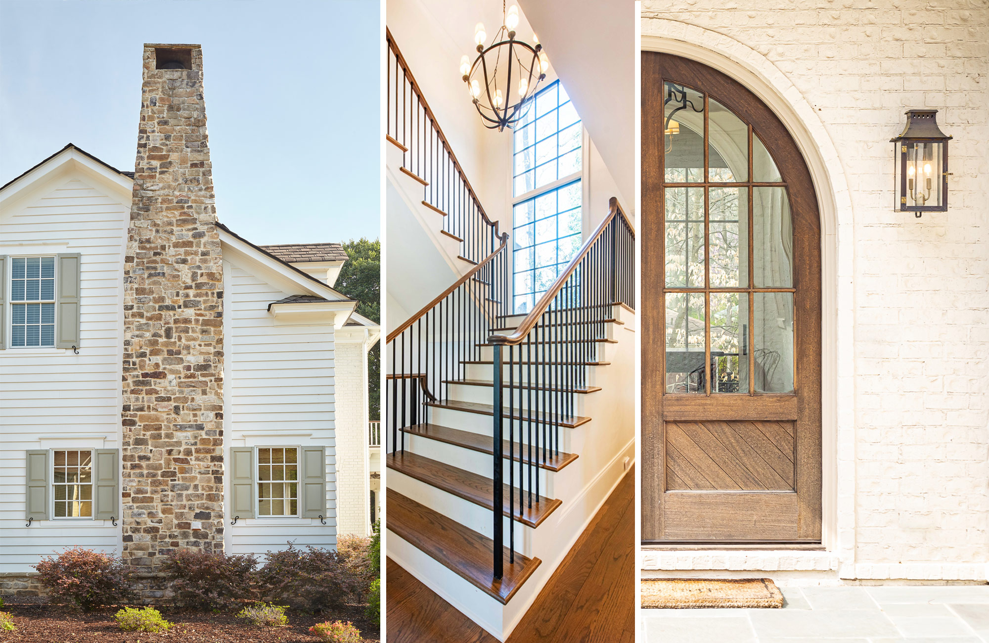 stone chimney, green shutters, mitered corners, painted brick, arched doors, staircase, hardwood floors, bevolo lanterns